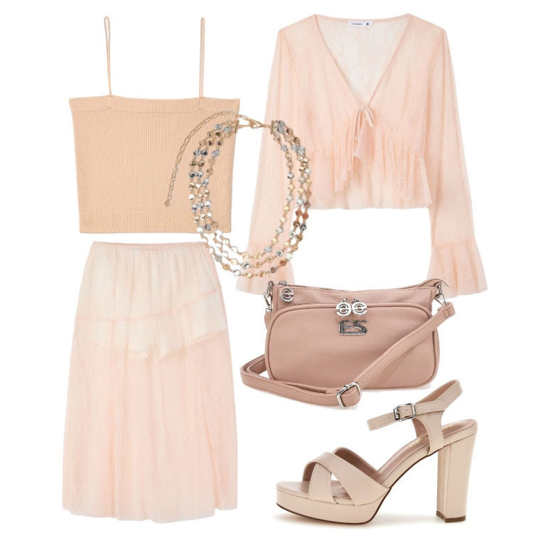 Outfit donna - Rosa pesca per la sera. Stile Sexy per Serata fuori. Abbinamento con bluse, canottiere, gonne longuette, collane, borse a tracolla, sandali col tacco.