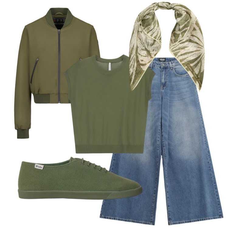 Outfit donna - Total look #2392889. Stile Casual per Tutti i giorni. Abbinamento con canottiere, jeans, bomber, sneakers, foulard.