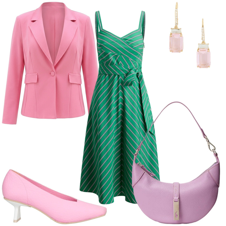 Outfit donna - Verde e rosa colori bellissimi. Stile Trendy per Cerimonia. Abbinamento con décolleté, blazer, vestiti, borse a spalla, orecchini.