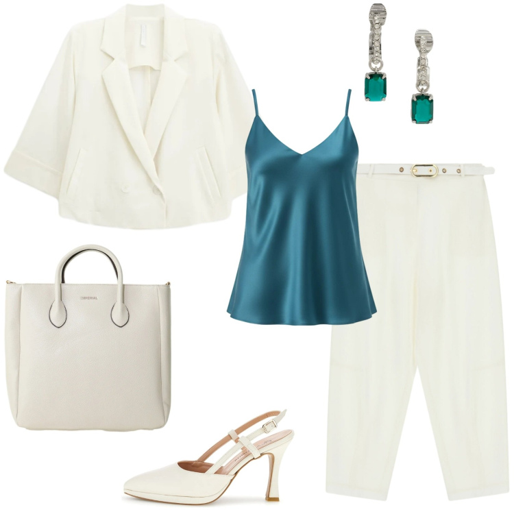 Outfit donna - La stagione delle cerimonie: laurea. Stile Chic per Cerimonia. Abbinamento con blazer, borse a tracolla, pantaloni, canottiere, orecchini, décolleté.