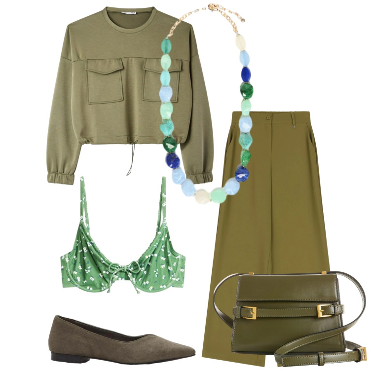 Outfit donna - Total look #2392895. Stile Casual chic per Tutti i giorni. Abbinamento con borse a tracolla, ballerine, reggiseni, felpe, collane, pantaloni a palazzo.