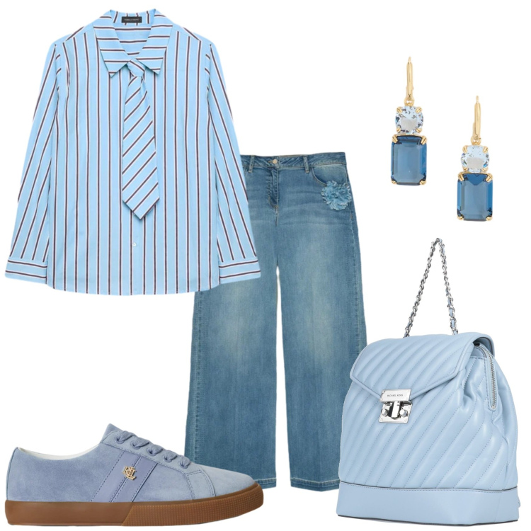 Outfit donna - Jeans e camicia. Stile Trendy per Tutti i giorni. Abbinamento con zaini, jeans, camicie, orecchini, sneakers.