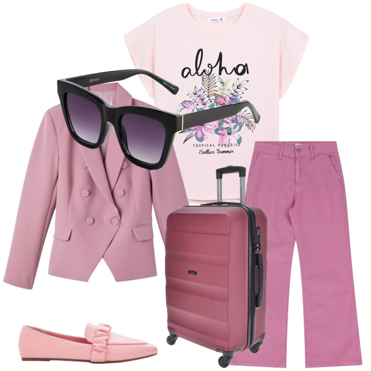 Outfit donna - Total look #2392898. Stile Casual chic per Tutti i giorni. Abbinamento con mocassini, occhiali da sole, t-shirt, blazer, jeans, valigie.