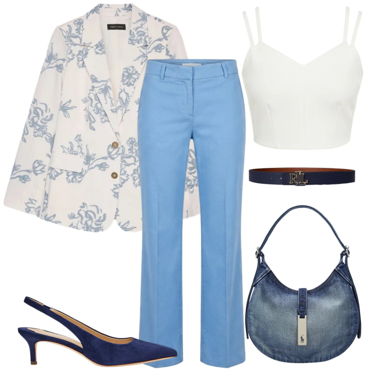 Outfit donna - In ufficio. Stile Chic per Ufficio. Abbinamento con blazer, pantaloni, top, décolleté, borse a spalla, cinture.