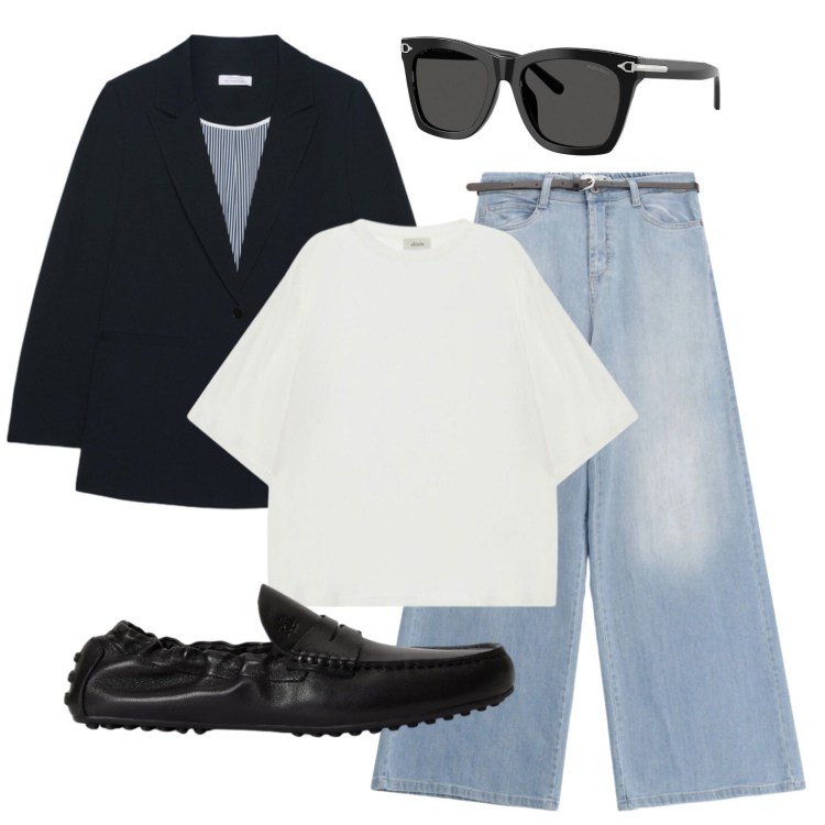 Outfit donna - Total look #2392900. Stile Urban per Ufficio. Abbinamento con blazer, jeans, t-shirt, occhiali da sole, mocassini.
