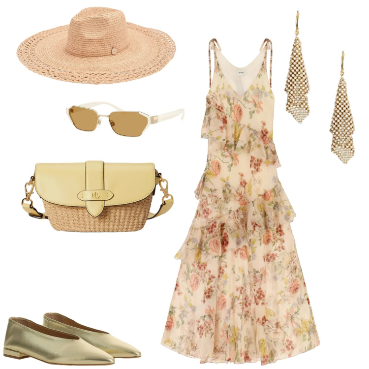 Outfit donna - Matrimonio. Stile Romantica per Cerimonia. Abbinamento con cappelli, ballerine, vestiti lunghi, orecchini, borse a tracolla, occhiali da sole.
