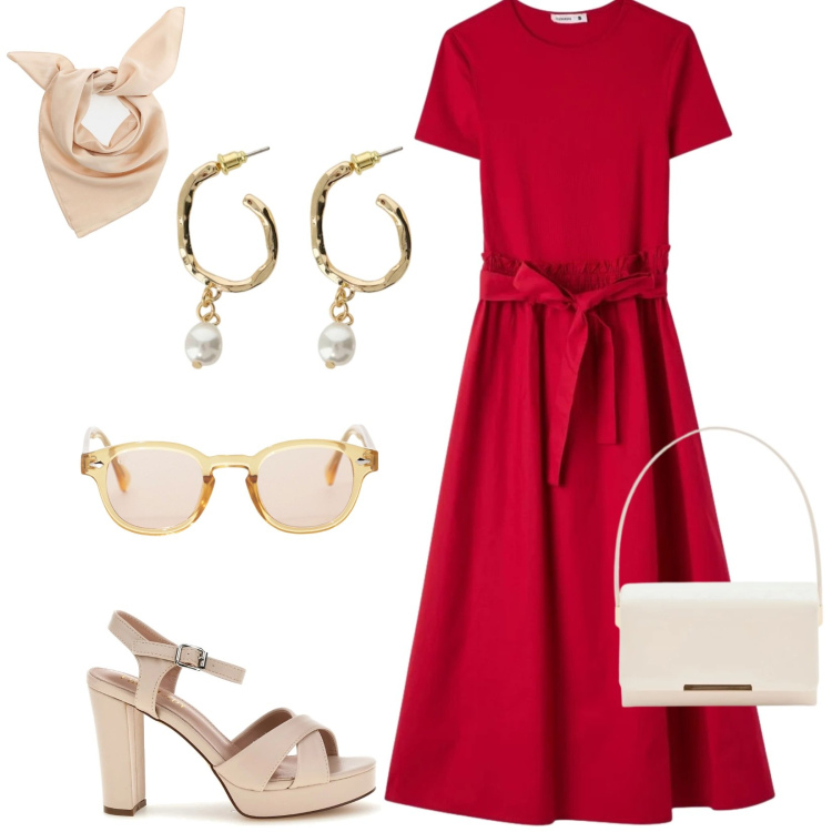 Outfit donna - Total look #2392903. Stile Vintage retrò per Cerimonia. Abbinamento con vestiti lunghi, foulard, occhiali da sole, pochette, orecchini, sandali col tacco.