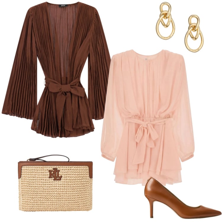 Outfit donna - Peach blush, il colore per una serata. Stile Glamour per Serata fuori. Abbinamento con vestiti corti, blazer, décolleté, orecchini, pochette.