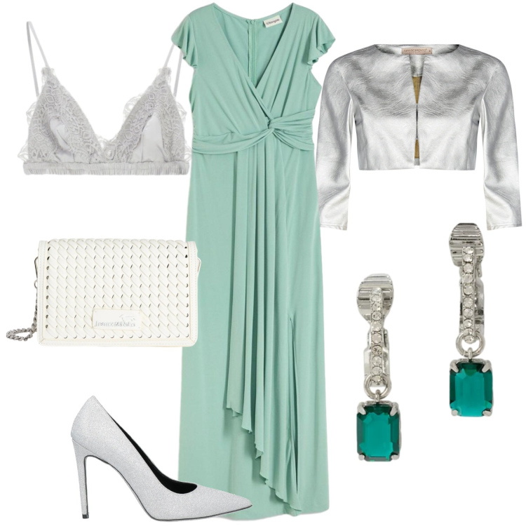 Outfit donna - Gli orecchini smeraldo. Stile Chic per Cerimonia. Abbinamento con décolleté, vestiti lunghi, borse a tracolla, reggiseni, bolero, orecchini.