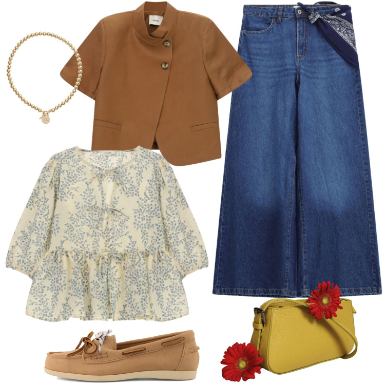 Outfit donna - Gerbera. Stile Casual per Tutti i giorni. Abbinamento con borse a spalla, bluse, jeans, blazer, collane, mocassini.