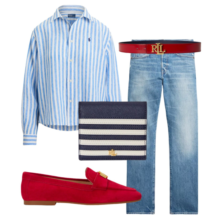 Outfit donna - Total look #2392910. Stile Casual chic per Tutti i giorni. Abbinamento con jeans dritti, cinture, camicie, portafogli, mocassini.