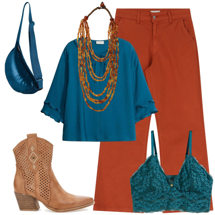 Outfit donna - Total look #2392911. Stile Casual chic per Tutti i giorni. Abbinamento con reggiseni, bluse, collane, jeans, borse a tracolla, stivaletti texani.
