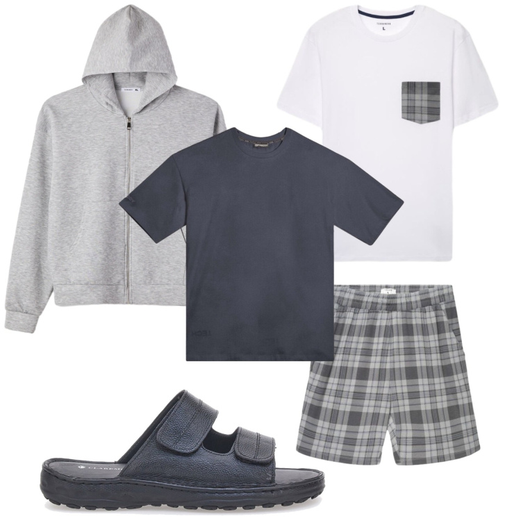 Outfit uomo - Home. Stile Casual per Tutti i giorni. Abbinamento con abbigliamento da notte, felpe con cappuccio, t-shirt, sandali.