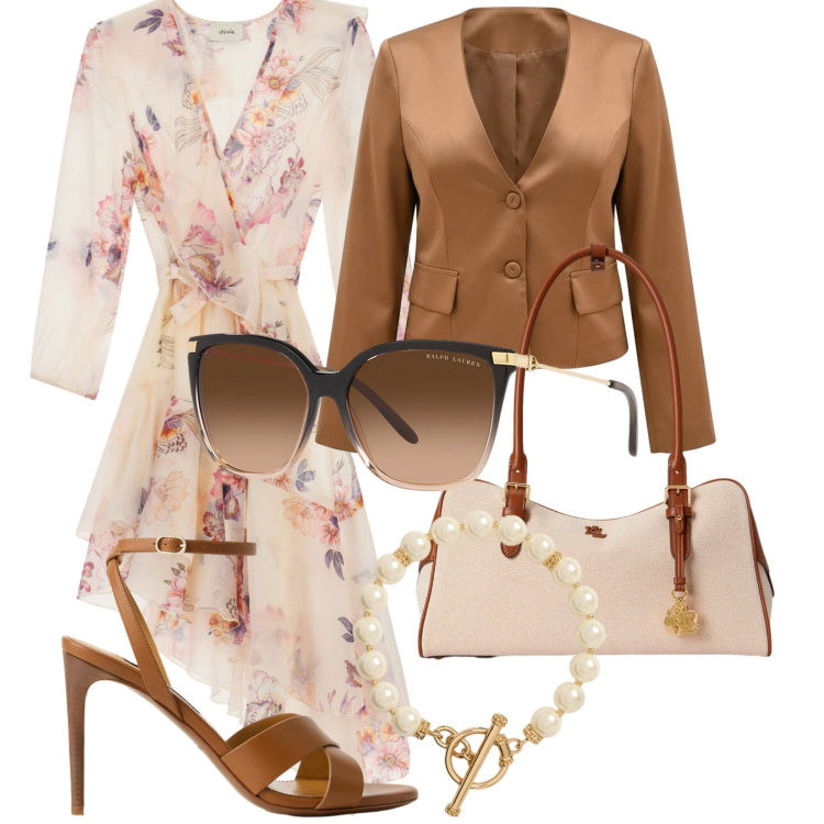 Outfit donna - Cerimonia. Stile Basic per Cerimonia. Abbinamento con blazer, vestiti asimmetrici, occhiali da sole, sandali col tacco, borse a mano, collane.