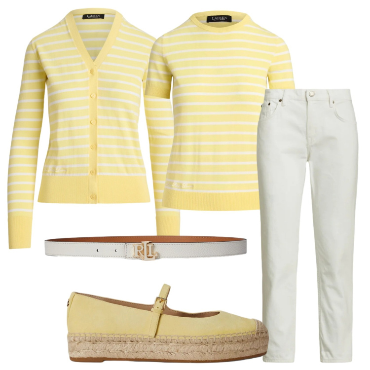 Outfit donna - Total look #2392914. Stile Bon Ton per Tutti i giorni. Abbinamento con cinture, espadrillas, cardigans, jeans, t-shirt.