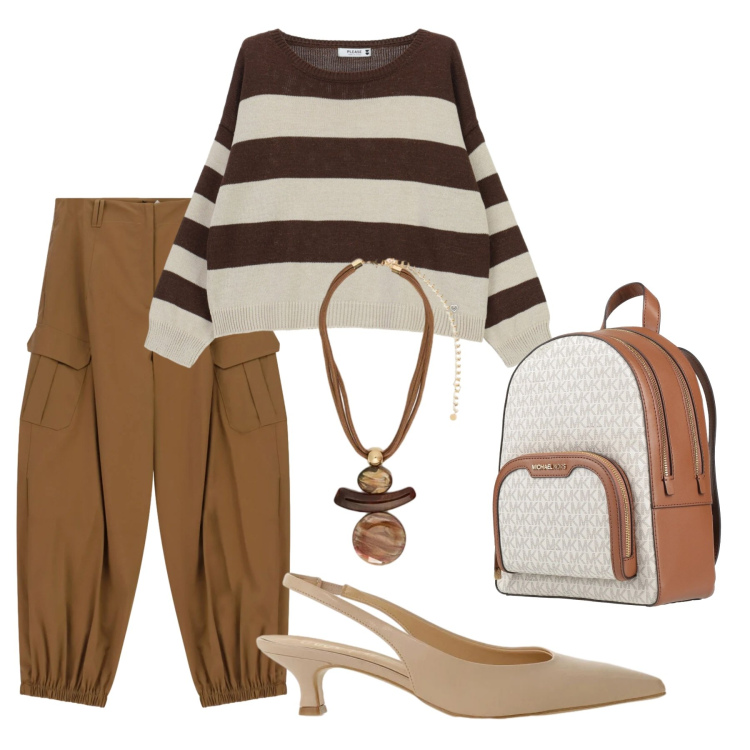 Outfit donna - Università. Stile Casual chic per Scuola/Università. Abbinamento con zaini, ciondoli, maglieria, pantaloni cargo, décolleté.