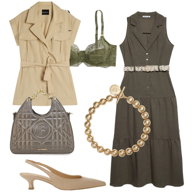 Outfit donna - Le perline dorate. Stile Trendy per Tutti i giorni. Abbinamento con vestiti chemisier, décolleté, trench, braccialetti, reggiseni, borse a mano.