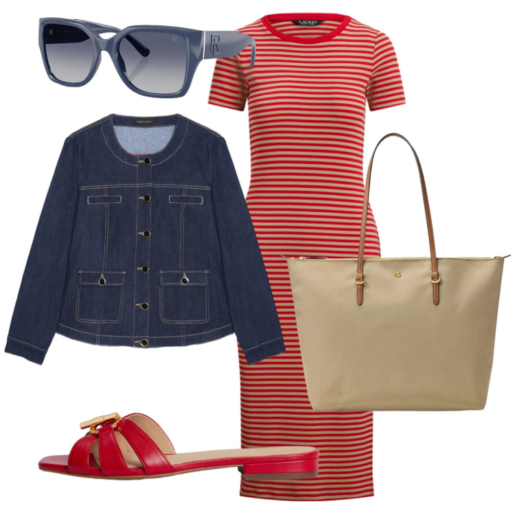 Outfit donna - Total look #2392917. Stile Casual chic per Tutti i giorni. Abbinamento con blazer, occhiali da sole, vestiti, ciabatte, borse tote.