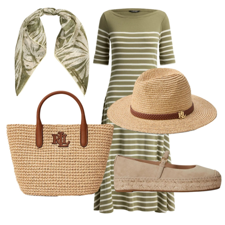 Outfit donna - Total look #2392919. Stile Casual chic per Mare. Abbinamento con espadrillas, cappelli, borse tote, foulard, vestiti midi/longuette.