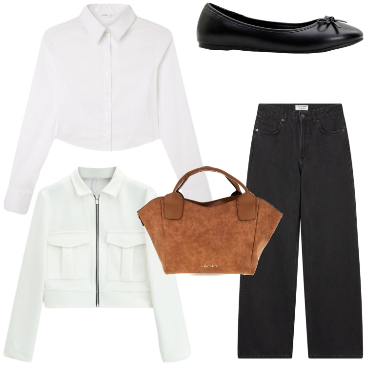 Outfit donna - Look black & White. Stile Casual chic per Tutti i giorni. Abbinamento con ballerine, jeans, camicie, cappotti, borse a mano.