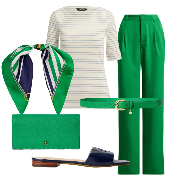 Outfit donna - Total look #2392921. Stile Chic per Tutti i giorni. Abbinamento con portafogli, ciabatte, cinture, pantaloni, foulard, t-shirt.