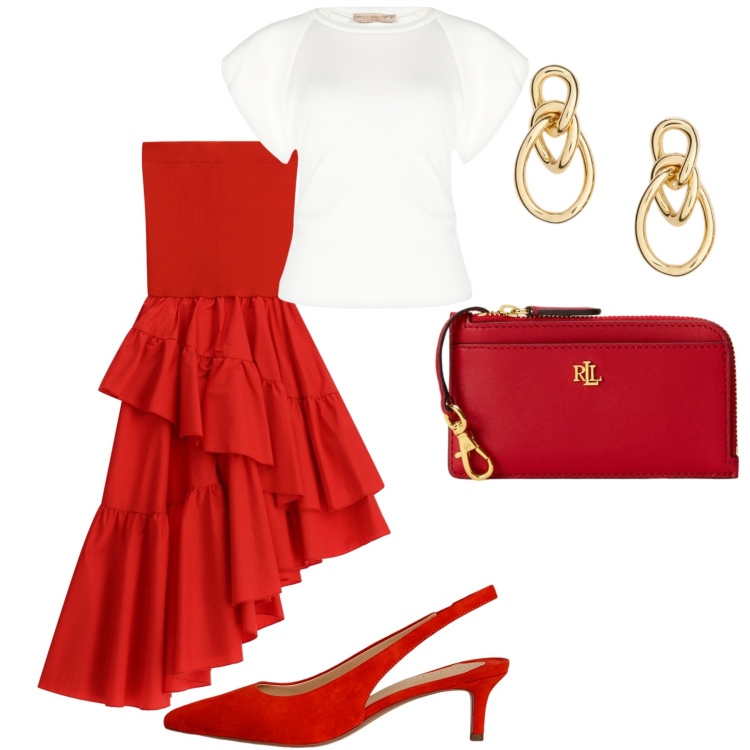 Outfit donna - La gonna rossa. Stile Glamour per Tutti i giorni. Abbinamento con gonne lunghe, t-shirt, décolleté, orecchini, portafogli.