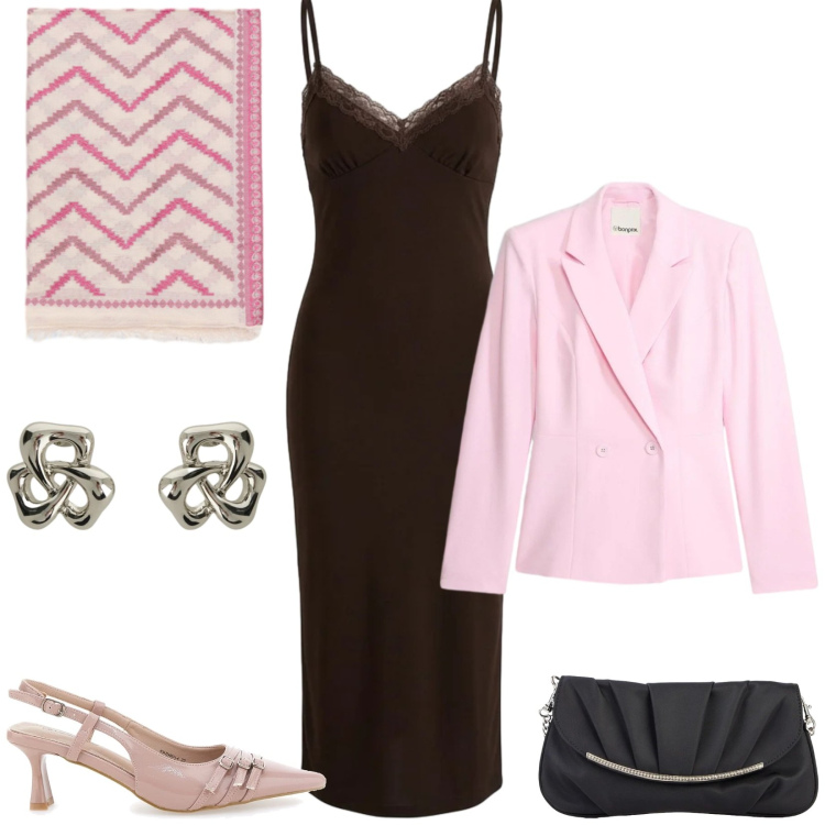 Outfit donna - Total look #2392925. Stile Chic per Cerimonia. Abbinamento con clutch, blazer, vestiti midi/longuette, foulard, orecchini, décolleté.