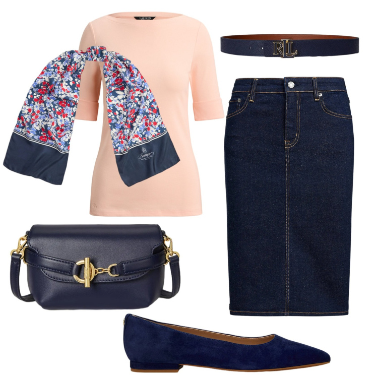 Outfit donna - Total look #2392926. Stile Chic per Ufficio. Abbinamento con gonne, ballerine, borse a tracolla, cinture, foulard, t-shirt.