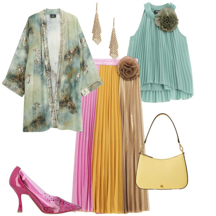 Outfit donna - Chic cerimonia serata evento. Stile Chic per Cerimonia. Abbinamento con décolleté, blazer, top, gonne lunghe, orecchini, borse a spalla.