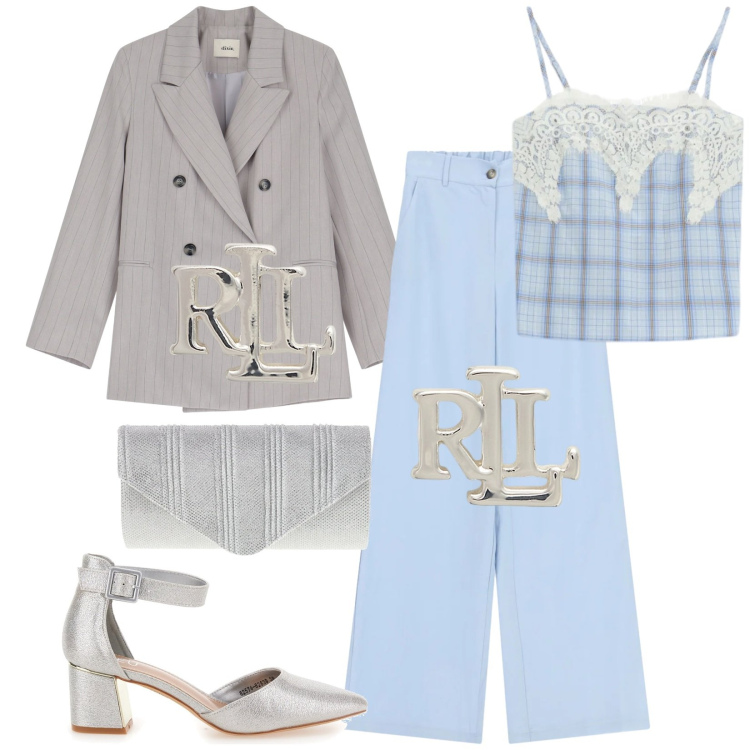 Outfit donna - Total look #2392929. Stile Chic per Cerimonia. Abbinamento con blazer, pantaloni, top, orecchini, pochette, décolleté.