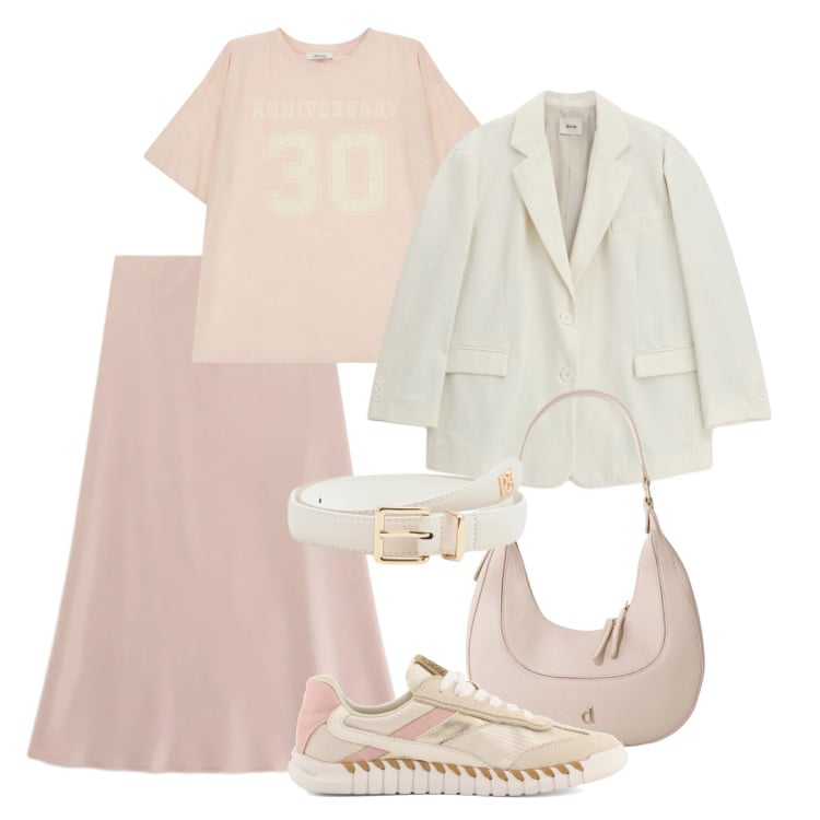 Outfit donna - Urbana in trend peach blush. Stile Trendy per Tutti i giorni. Abbinamento con gonne longuette, cinture, t-shirt, borse a tracolla, blazer, sneakers.