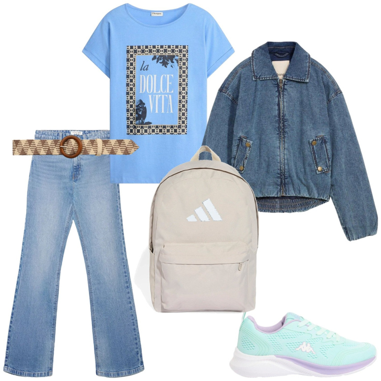 Outfit donna - Il casual in primavera. Stile Casual per Tutti i giorni. Abbinamento con t-shirt, bomber, sneakers, cinture, jeans bootcut, zaini.