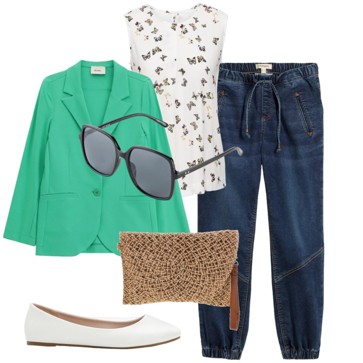 Outfit donna - Total look #2392932. Stile Casual per Tutti i giorni. Abbinamento con canottiere, ballerine, occhiali da sole, pantaloni, blazer, borse a tracolla.