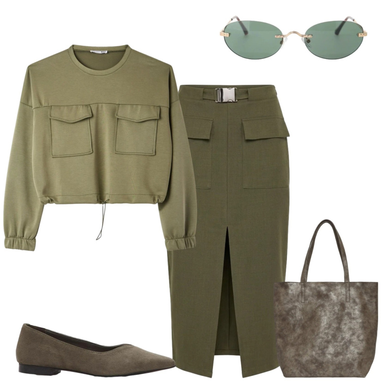 Outfit donna - Total look #2392933. Stile Casual chic per Ufficio. Abbinamento con ballerine, shopping bag, gonne longuette, felpe, occhiali da sole.