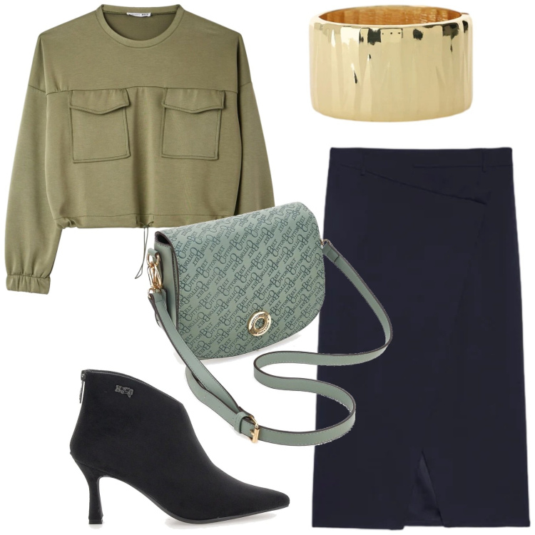 Outfit donna - Total look #2392936. Stile Minimal per Ufficio. Abbinamento con felpe, gonne longuette, braccialetti, borse a tracolla, stivaletti.