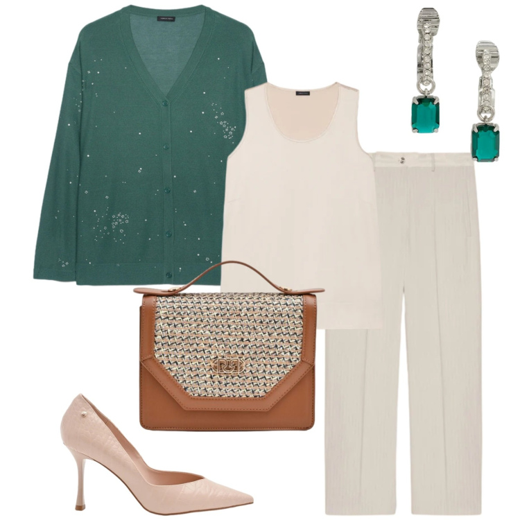 Outfit donna - Total look #2392937. Stile Bon Ton per Serata fuori. Abbinamento con pantaloni, cardigans, canottiere, pochette, décolleté, orecchini.