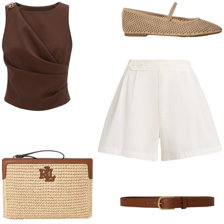 Outfit donna - Primo weekend al mare. Stile Chic per Tutti i giorni. Abbinamento con top, shorts, ballerine, pochette, cinture.