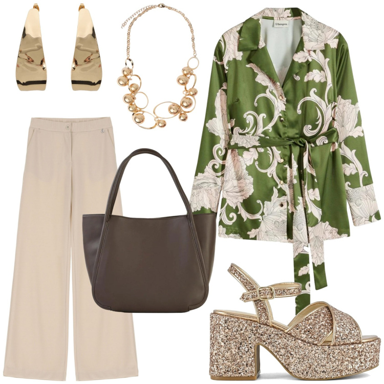 Outfit donna - \'70s vibes. Stile 70s per Serata fuori. Abbinamento con shopping bag, bluse, collane, pantaloni, orecchini, sandali.