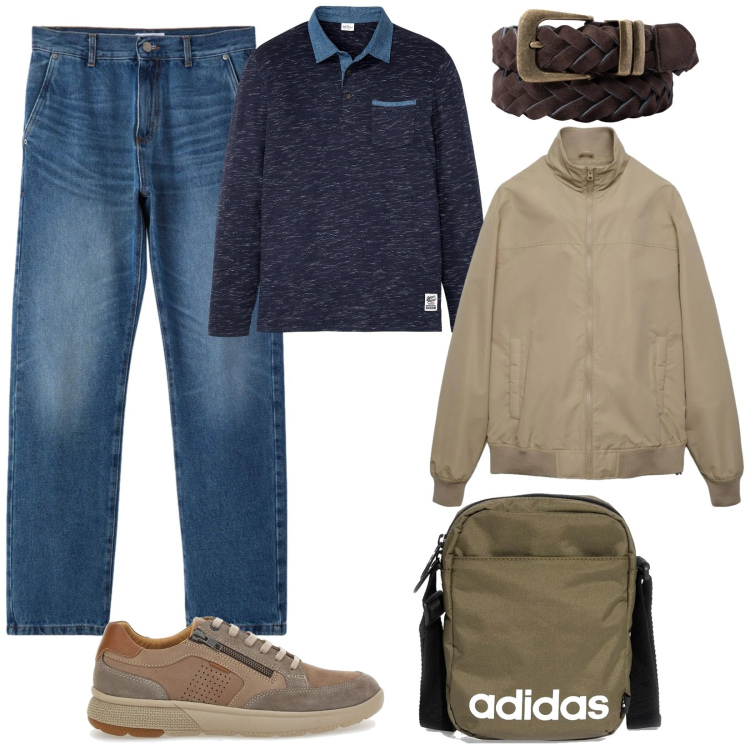 Outfit uomo - Look da viaggio breve. Stile Casual per Tutti i giorni. Abbinamento con polo, bomber, jeans dritti, cinture, borse sportive, scarpe stringate.