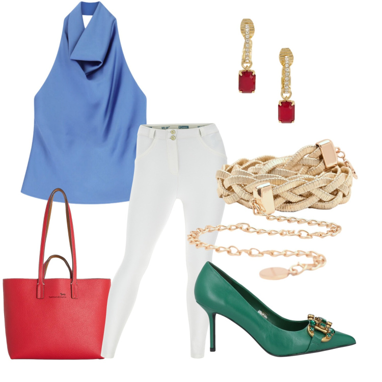 Outfit donna - Eleganza Cerulea e Contrasti Rubino. Stile Romantica per Serata fuori. Abbinamento con shopping bag, top, pantaloni skinny, orecchini, cinture, décolleté.