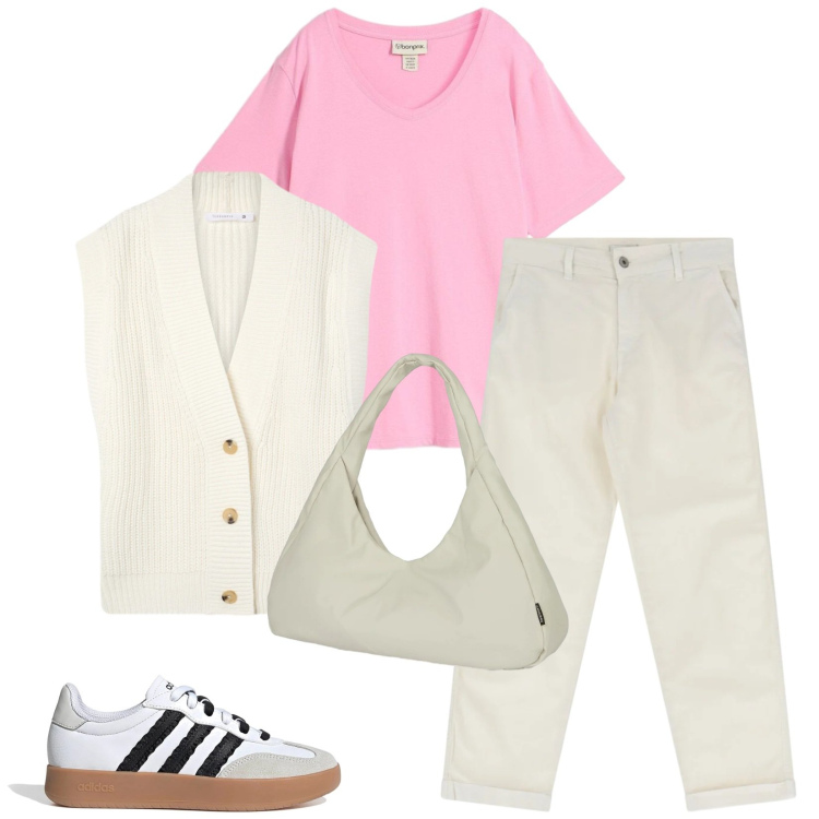 Outfit donna - Total look #2392949. Stile Casual per Tutti i giorni. Abbinamento con t-shirt, gilet, jeans, borse a spalla, sneakers.