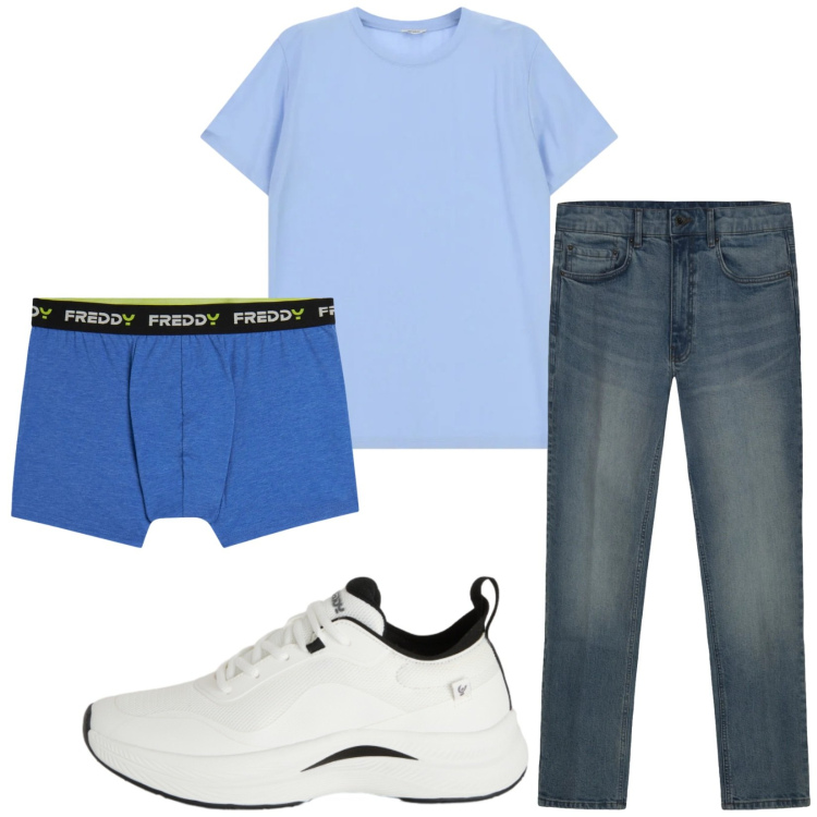 Outfit uomo - Total look #2392951. Stile Casual per Tutti i giorni. Abbinamento con t-shirt, sneakers, boxer, jeans.