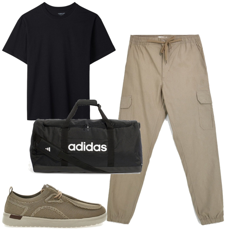 Outfit uomo - City. Stile Casual per Tutti i giorni. Abbinamento con t-shirt, scarpe stringate, borse sportive, pantaloni cargo.