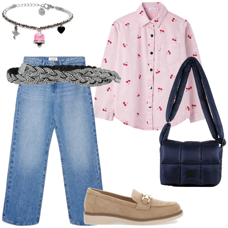Outfit donna - Un outfit per la scuola. Stile Casual per Scuola/Università. Abbinamento con cinture, jeans dritti, camicie, braccialetti, borse a spalla, mocassini.