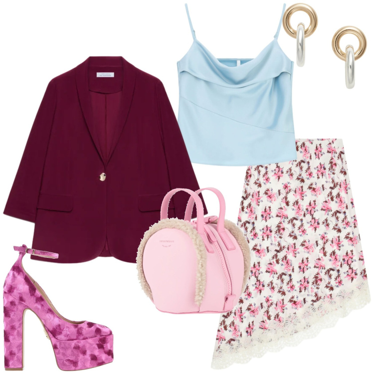 Outfit donna - Trendy in primavera. Stile Trendy per Serata fuori. Abbinamento con zaini, décolleté, blazer, canottiere, gonne longuette, orecchini.