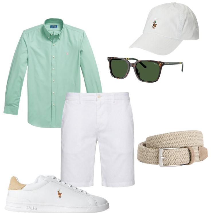 Outfit uomo - Freschezza Mint & White:. Stile Business/Elegante per Serata speciale. Abbinamento con cinture, bermuda, cappelli, sneakers, camicie, occhiali da sole.