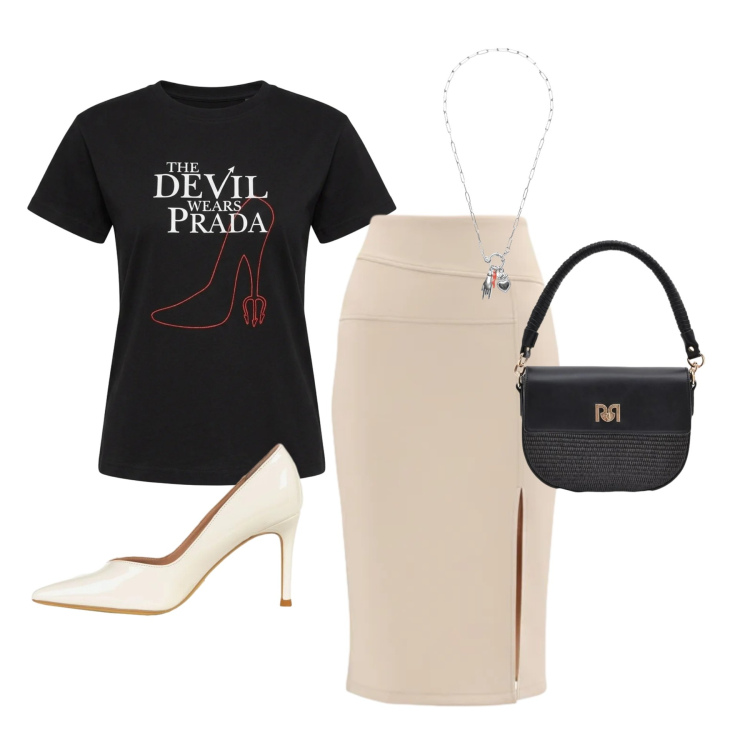Outfit donna - Black chic White devil. Stile Chic per Ufficio. Abbinamento con borse a spalla, t-shirt, gonne longuette, décolleté, ciondoli.