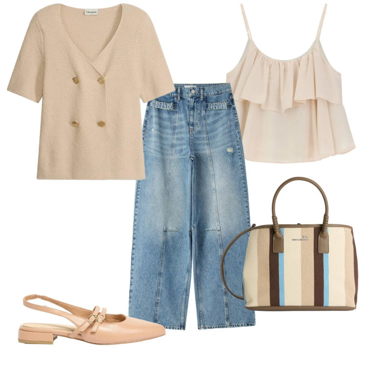 Outfit donna - Il ritorno delle ballerine. Stile Bon Ton per Tutti i giorni. Abbinamento con cardigans, ballerine, jeans, top, shopping bag.