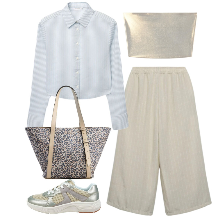 Outfit donna - Neutri chic. Stile Basic per Tutti i giorni. Abbinamento con shopping bag, top, camicie, pantaloni a palazzo, sneakers.