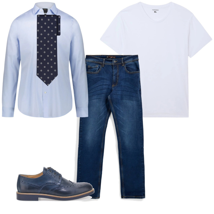 Outfit uomo - A maggio. Stile Casual per Tutti i giorni. Abbinamento con t-shirt, camicie, scarpe stringate, cravatte, jeans.